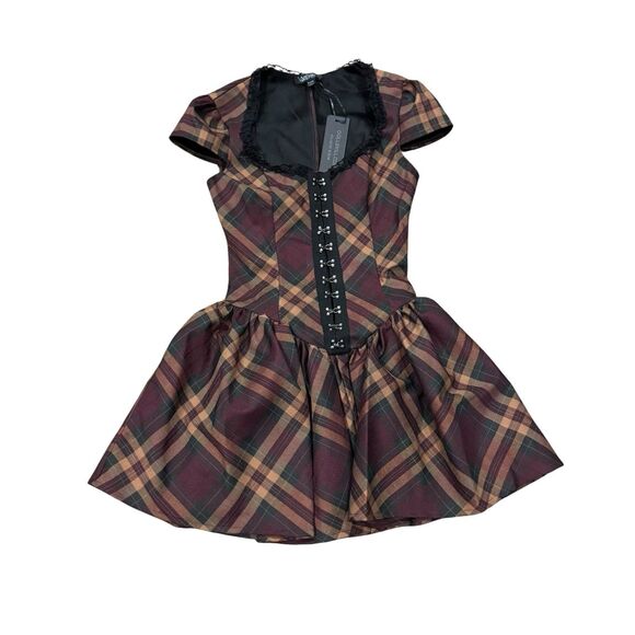 Dolls Kill Dresses & Skirts - Widow Corset Mini Dress XXS Burgundy Plaid Hook & Eye Goth Punk Alt NWT